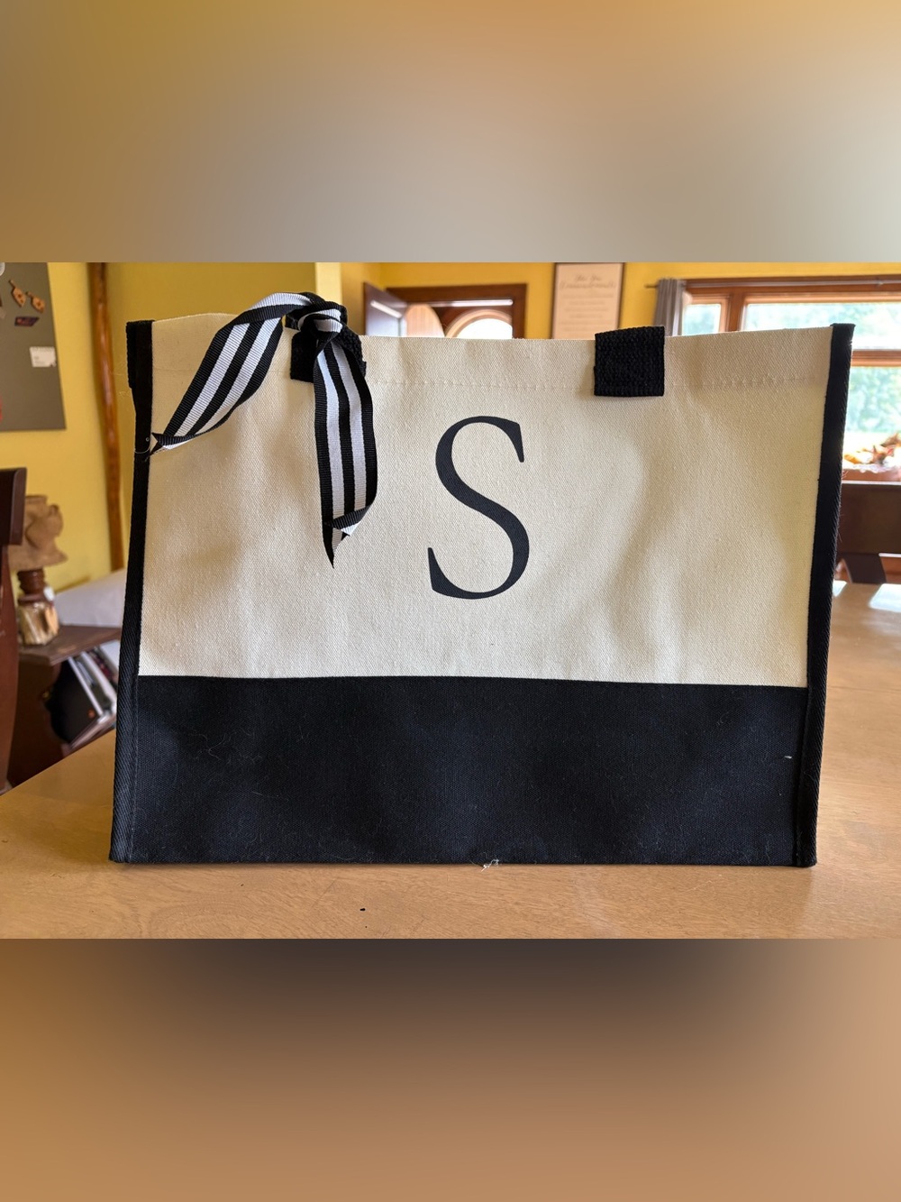 Monogram S Black & Cream Canvas Tote Bag Striped Bow